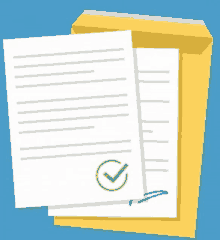 a piece of paper with a green check mark on it is sitting on top of a yellow envelope on a blue background .