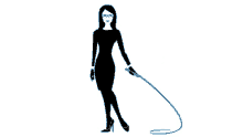 a woman in a black dress is holding a blue whip in her hand