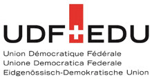 a black and red logo for udf edu with a red swiss cross