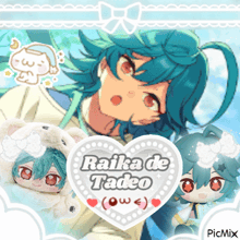 a blue haired anime character with a heart that says laika de tadeo on it