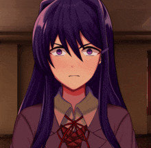 a girl with purple hair and a red bow tie is making an angry face