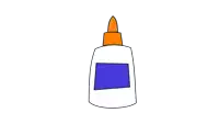 a cartoon drawing of a bottle of glue with an orange cap and a blue label .