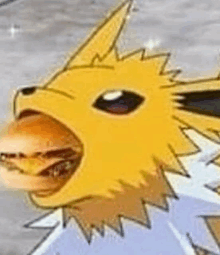 a close up of a cartoon pokemon with a hamburger in its mouth .