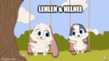 a cartoon of two rabbits sitting on a swing with the words lenlen & nelnel written on the bottom .