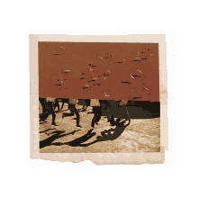 a group of people walking in front of a red sky with birds flying overhead