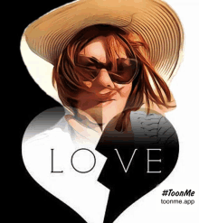 a woman wearing a hat and sunglasses is behind a broken heart with the word love on it