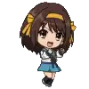 a cartoon girl with brown hair and a yellow bow on her head is standing on a white background .