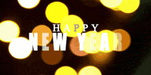 the words happy new year are displayed in front of a blurry background