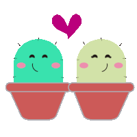 a couple of cactus in pots with a heart above them