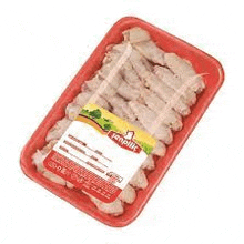 a red tray of chicken wings with a label on it .