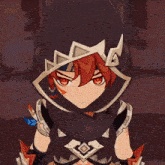 a cartoon character with red hair and a hood on