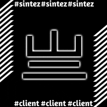 a black and white striped background with a white glowing symbol and the words #sintez #sintez #sintez #client