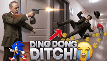 a poster for a video game called ding dong ditch shows a man shooting a gun