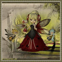 a ladybug fairy in a red dress is surrounded by other fairy girls