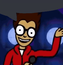 a cartoon character wearing glasses and a red jacket