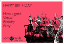 a happy birthday card with a group of women sitting at a table .