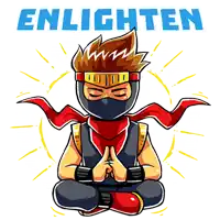 a cartoon of a ninja sitting in a lotus position with the word enlighten behind him