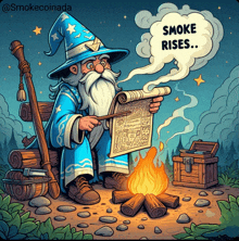 a cartoon of a wizard reading a scroll with smoke rising from his mouth