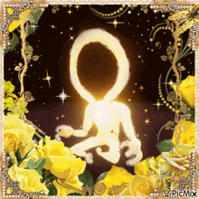 a picture of a person sitting in a lotus position with yellow roses in the background and the word picmix at the bottom