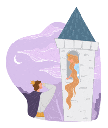 a cartoon illustration of a king and princess in a tower