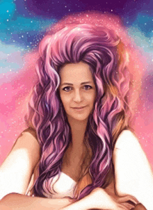 a painting of a woman with purple hair and a galaxy background