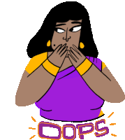 a woman in a purple shirt is covering her mouth with her hands and the word oops below her