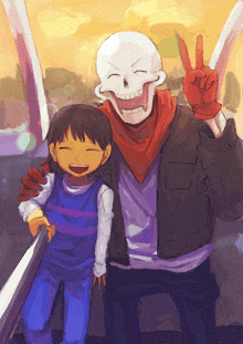 a drawing of a skeleton giving a peace sign with a little girl