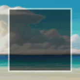 a painting of a beach with a cloudy sky in the background