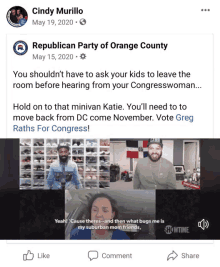 a facebook post by cindy murillo from the republican party of orange county on may 15 2020