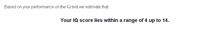 based on your performance on the iq test we estimate that your iq score lies within a range of 4 up to 14 ..