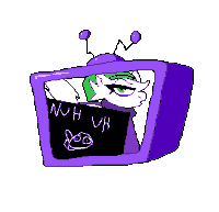 a pixel art drawing of a cartoon character in a purple tv with the words nh vh written on the screen