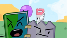 a cartoon drawing of a book a saw and a purple ball