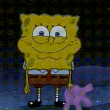 a cartoon of spongebob squarepants standing next to a stuffed animal