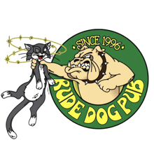 a rude dog pub logo with a cat and bulldog