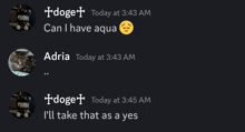 a screenshot of a conversation between adria and doge