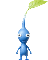 a blue cartoon character with a green leaf coming out of his head