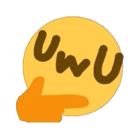 a yellow emoji with a hand pointing at it and the word uwu on it .