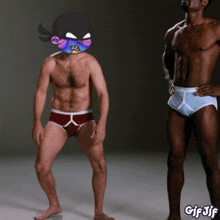 a gif of two men in underwear with gif jif written on the bottom right