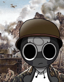 a cartoon character wearing a helmet and goggles stands in front of a war scene