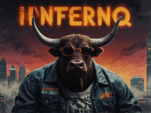 a poster of a bull wearing sunglasses and a denim jacket with the word inferno above it