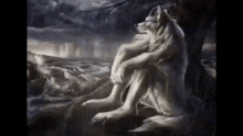a painting of a wolf sitting on a rock looking at the water
