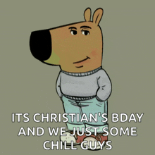 a picture of a cartoon character that says " its christian 's bday and we just some chill guys "