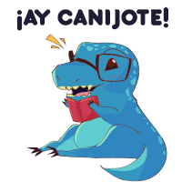 a cartoon of a dinosaur reading a book with the words " i ay canijote " below it