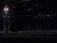 a woman in a black dress is walking by a lamp post in front of a city skyline at night