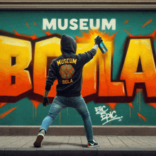 a man is spray painting graffiti on a wall with the word museum on it