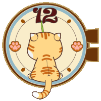 a cat looking at a clock with the number 12