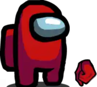 a red among us character is standing next to a red cube .