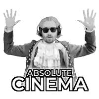 a black and white photo of a man with his arms in the air and the words absolute cinema below him