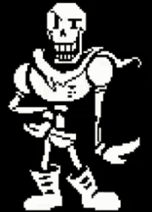 papyrus from undertale is standing in a black and white pixel art style .