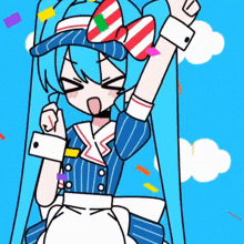 a cartoon girl with blue hair and a red and white bow on her head is holding her arms in the air .